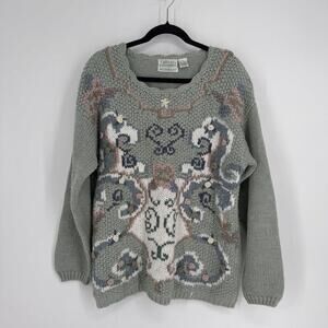Vintage grandma sweater womens medium M hand knitted embroidered relaxed 80s 90s